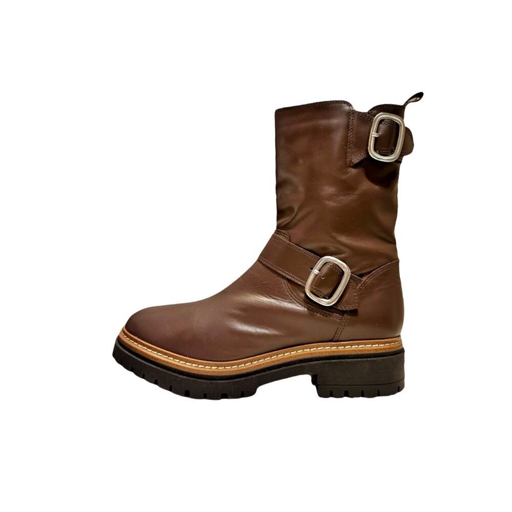 Fabianelli Italy Chocolate Brown Leather Double Buckle Moto Platform Boots NWOT